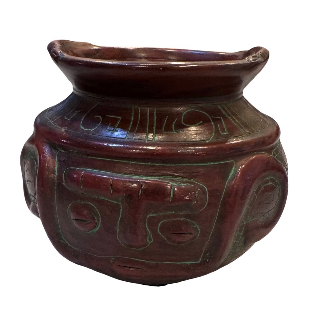 Handmade Red Clay Pottery Vessel Incised Tribal Face Design Green Accents 5" VTG